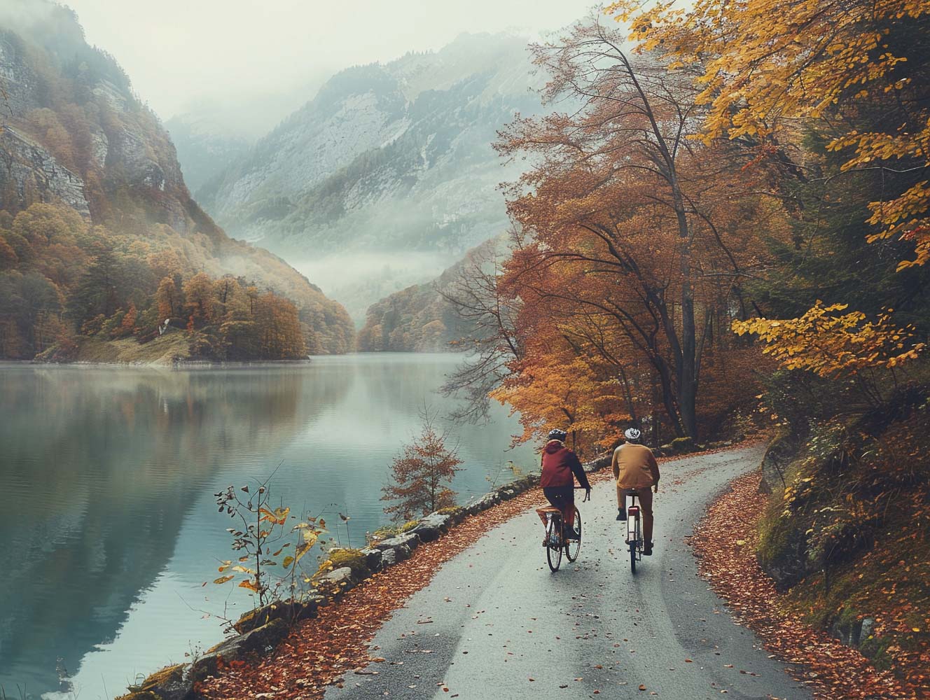 two cyclists enjoying scenic autumn ride along tranquil lake mountains