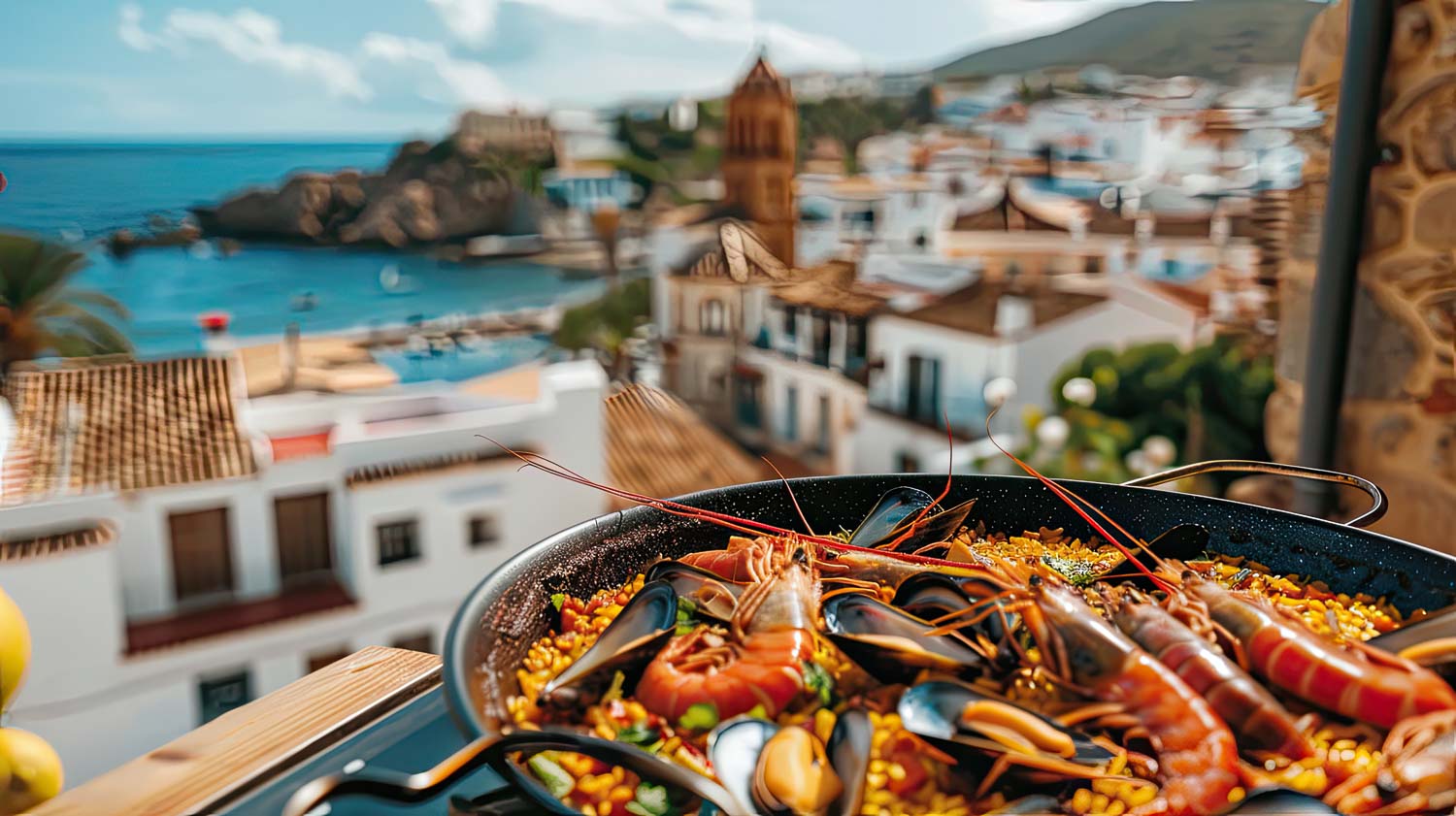 paella with spanish city background selective focus