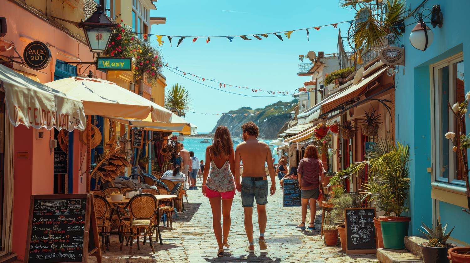 romantic adventures coastal town couple exploring local shops cafes sunny day