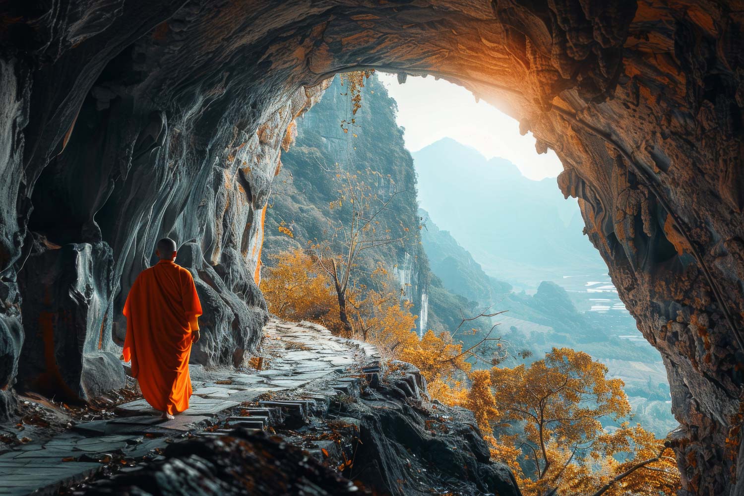 monk walking through mountain cave because meditation monk