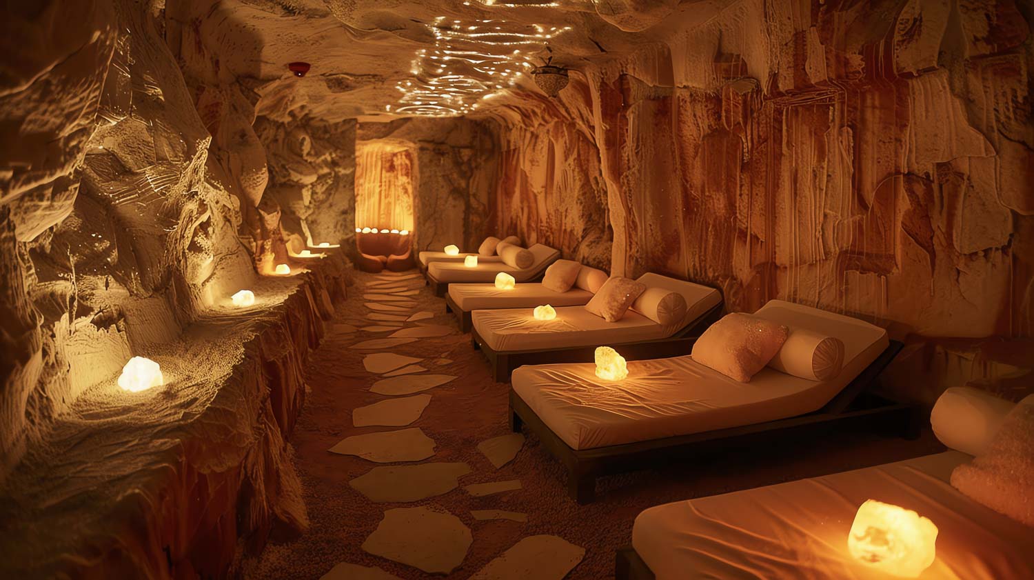 salt cave with lounge chairs salt lamps relaxation