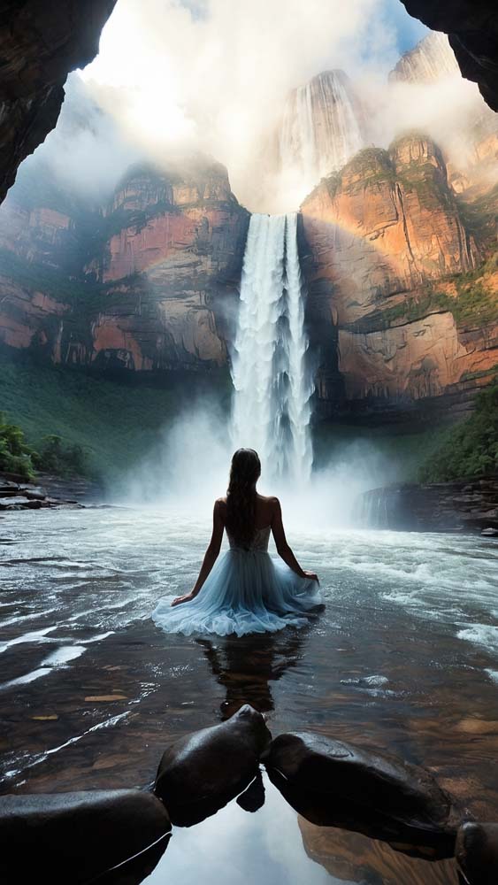 woman sits water front waterfall